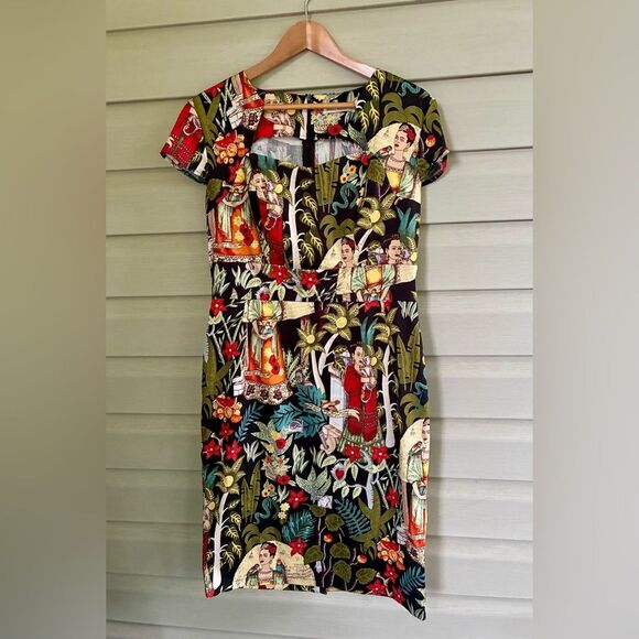 GRACE KARIN tropical Frida Kahlo dress Cap-Sleeve Sweetheart Sheath Sz L artsy - Picture 7 of 16
